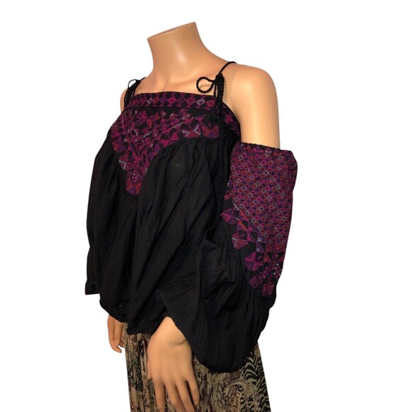 Free People Black Purple Open Shoulder Long Sleeve Top/Blouse size M - Picture 2 of 12